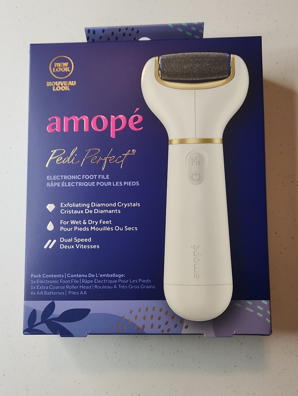 amope Pedi Perfect Electronic Foot File — White with Gold Accents